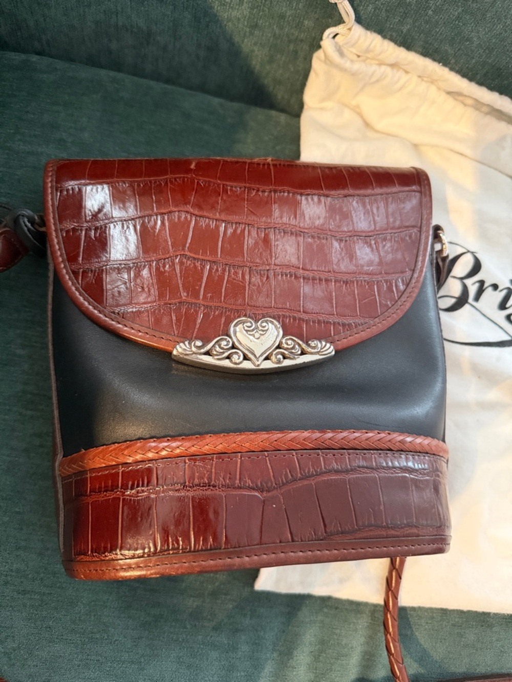 Brown Croc-Embossed Leather Crossbody Bag with Silver Heart Accent